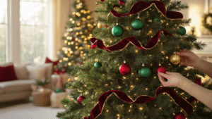 Cinematic wide-angle view of a beautifully decorated 7-foot Fraser fir Christmas tree in a cozy living room, showcasing deep red and emerald green ornaments, burgundy velvet ribbon, and soft white fairy lights, with hands adding a bauble and warm sunlight illuminating rustic furniture and festive decor.