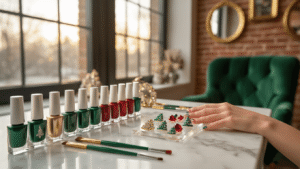 Christmas Tree Nails: Your Ultimate Guide to Festive Nail Art A beautifully styled nail art studio featuring a marble manicure station with intricate Christmas tree nail designs, surrounded by emerald green, gold, and red nail polishes, ambient holiday decorations, and warm golden hour lighting.