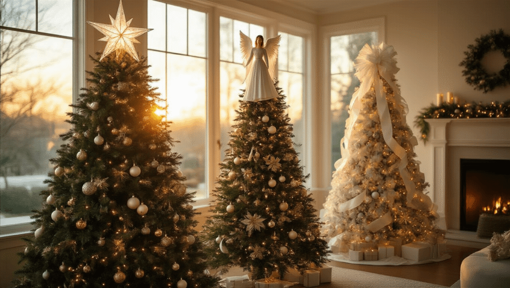 Christmas Tree Toppers: The Ultimate Guide to Crowning Your Holiday Decor A warm and inviting living room during golden hour, showcasing three Christmas trees with different toppers: an illuminated crystal star on a 9ft Noble Fir, a porcelain angel on a 7.5ft Fraser Fir, and a modern slim tree topped with a white ribbon bow. The scene features rich textures, sparkling lights, and a festive color palette, with carefully arranged vintage ornaments and natural foliage.