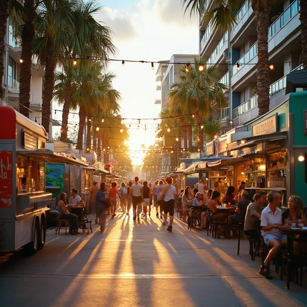 Scorching Secrets: Why West Palm Beach in August Will Blow Your Mind (But Not Your Budget) Colorful food trucks, people at outdoor tables, and string lights on palm-tree lined Clematis Street, West Palm Beach in the golden afternoon light.