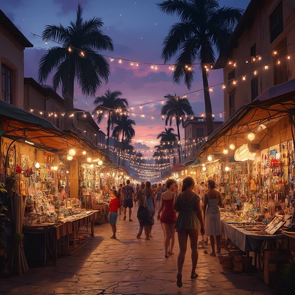 September in West Palm Beach: Your Ultimate Insider's Guide to Tropical Transition Diverse crowd browsing handmade goods at vibrant night market on historic Clematis Street, lit by string lights, with palm trees silhouetted against purple twilight sky.