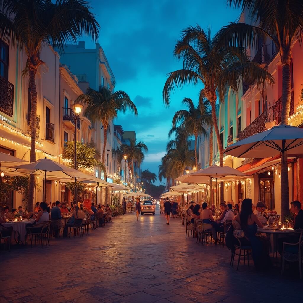 Scorching Secrets: Why West Palm Beach in August Will Blow Your Mind (But Not Your Budget) Clematis Street at twilight with Art Deco buildings, outdoor dining, palm tree silhouettes and warm street lighting