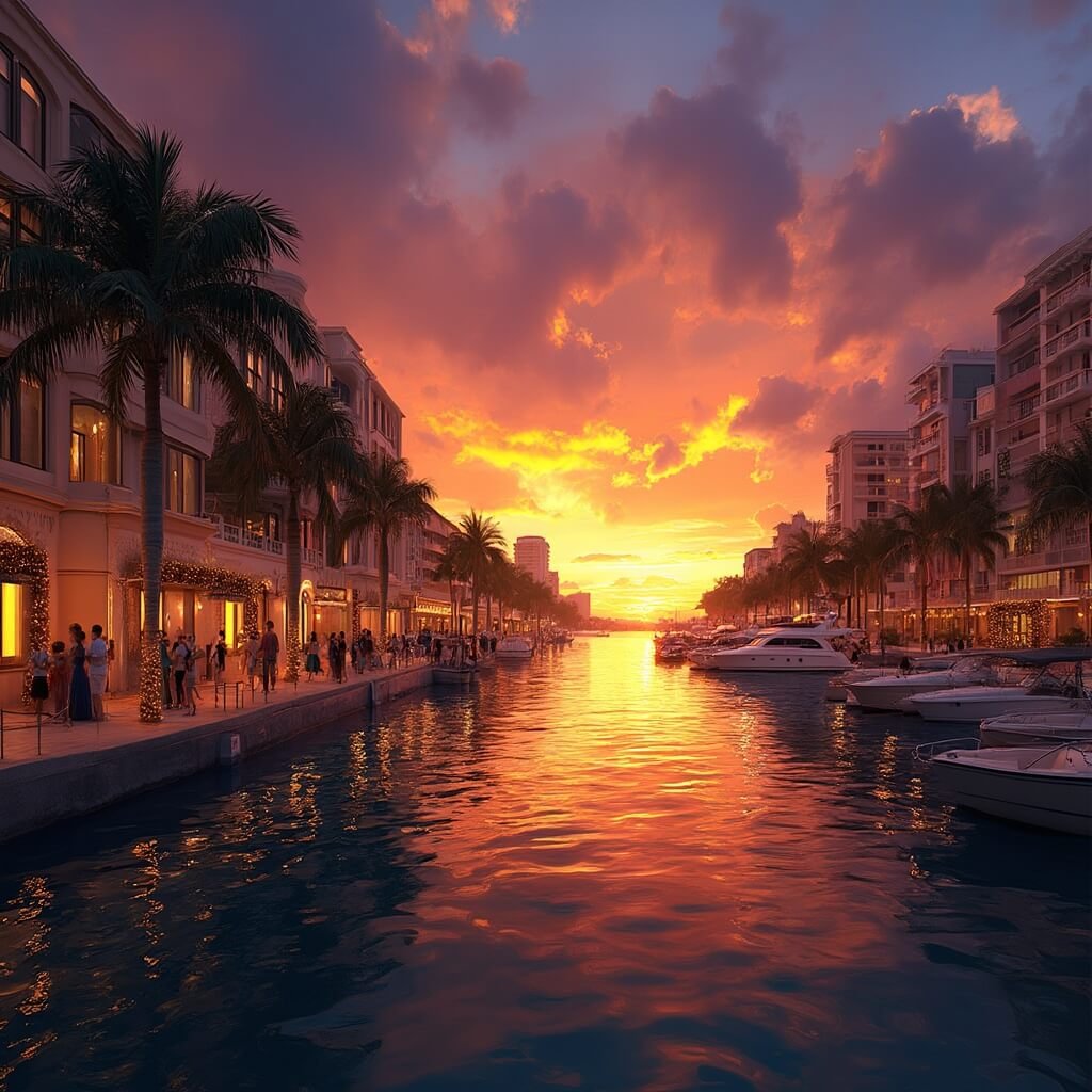Escape the Frost: Why West Palm Beach is Your December Dream Destination Dramatic sunset over Clematis Street waterfront, with silhouetted palm trees, contemporary cityscape, reflective waterway, small moored boats, and pedestrians on promenade under holiday lights.