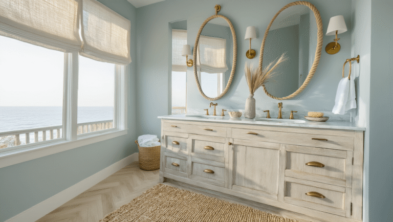 Coastal Bathroom Decor: Your Ultimate Guide to Serene Seaside Style Sun-drenched master bathroom featuring a white oak double vanity with Carrara marble, pale blue-gray walls, and brass sconces, accentuated by soft natural light and a coastal decor arrangement.