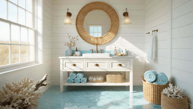Creating a Light & Airy Coastal Bathroom: Your Ultimate Styling Guide A sun-drenched coastal bathroom featuring a whitewashed wood vanity, brass hardware, and a large rattan-framed mirror, with pale blue penny tile flooring, white shiplap walls, and a woven basket of rolled aqua towels, all illuminated by warm natural light.