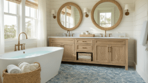 Coastal Bathroom Design: Create Your Seaside Sanctuary at Home Coastal bathroom sanctuary featuring a weathered oak vanity, white marble countertop, brushed brass fixtures, and ample natural light through sheer curtains, with geometric blue tiles, a freestanding tub, seagrass baskets, and eucalyptus accents, all bathed in warm golden hour lighting.