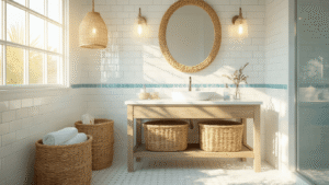 Transforming Your Small Bathroom into a Coastal Haven: A Complete Design Guide A serene coastal bathroom featuring white subway tiles with sea glass blue grout, a driftwood vanity with white marble, rattan baskets, a rope-detailed mirror, glass sconces, hexagon floor tiles, and plush blue towels, all illuminated by golden morning sunlight.