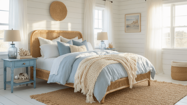 Coastal Granddaughter Room: Your Ultimate Styling Guide to Breezy, Youthful Beach Chic A sunlit coastal granddaughter's bedroom featuring a rattan bed with white and blue linens, gauzy white curtains, vintage-inspired shiplap walls, a jute rug, and curated coastal decor, all captured in warm, natural light.