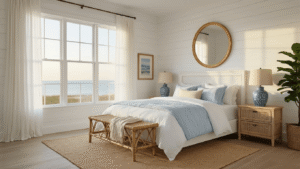 Coastal Granddaughter Room: Your Ultimate Guide to Dreamy, Breezy Bedroom Styling A beautifully designed coastal bedroom bathed in golden hour light, featuring a whitewashed queen bed with layered textured bedding, weathered cane nightstands, a vintage rattan bench, and a shiplap accent wall, complemented by a fiddle leaf fig and muted coastal artwork.