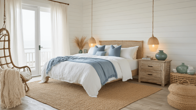 Cinematic coastal bedroom retreat with soft linen bedding, rattan furniture, and jute textures, featuring natural light, a king-size bed, driftwood nightstands, and decorative elements in a serene color palette.