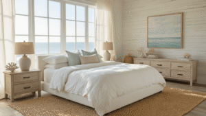 Creating Your Dream Coastal Bedroom: A Serene Escape at Home Cinematic wide-angle shot of a serene coastal bedroom with a white linen bed, bleached oak nightstands, and morning light streaming through large windows, featuring a jute rug, billowing curtains, and textured decor in soft coastal colors.