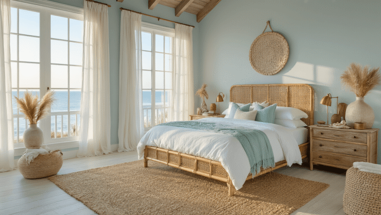 Coastal Bedroom Bliss: Your Ultimate Guide to Creating a Serene Seaside Retreat A serene coastal bedroom featuring a rattan king bed with crisp white linen and seafoam accents, illuminated by golden hour sunlight through floor-to-ceiling windows, complemented by weathered driftwood nightstands and natural textures.