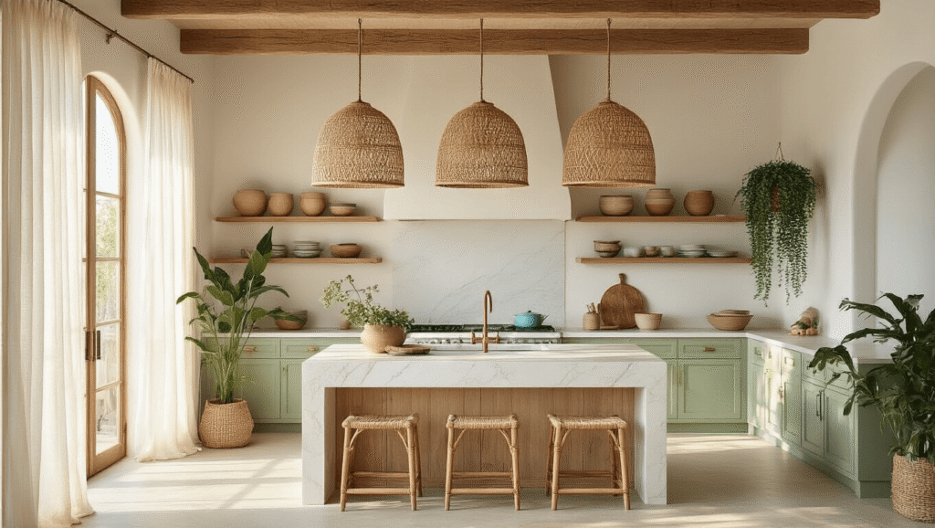 Cinematic view of a coastal boho kitchen featuring a marble waterfall island, rattan pendant lights, and natural textures, illuminated by golden hour sunlight.