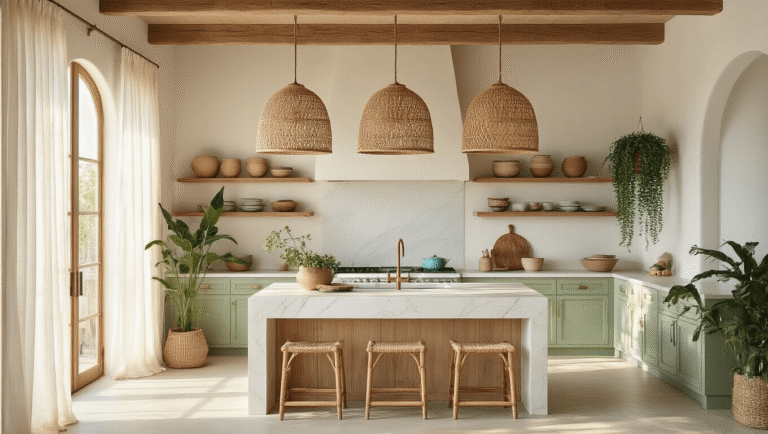 Coastal Boho Kitchen: Your Ultimate Guide to Relaxed, Breezy Design Cinematic view of a coastal boho kitchen featuring a marble waterfall island, rattan pendant lights, and natural textures, illuminated by golden hour sunlight.