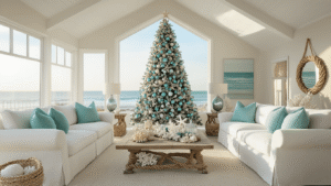 Coastal Christmas Decor: Transform Your Home into a Seaside Holiday Haven Bright coastal living room featuring a flocked Christmas tree adorned with aqua blue baubles and seashells, white slip-covered sofas, driftwood coffee table, and shiplap walls, all bathed in warm golden hour light.