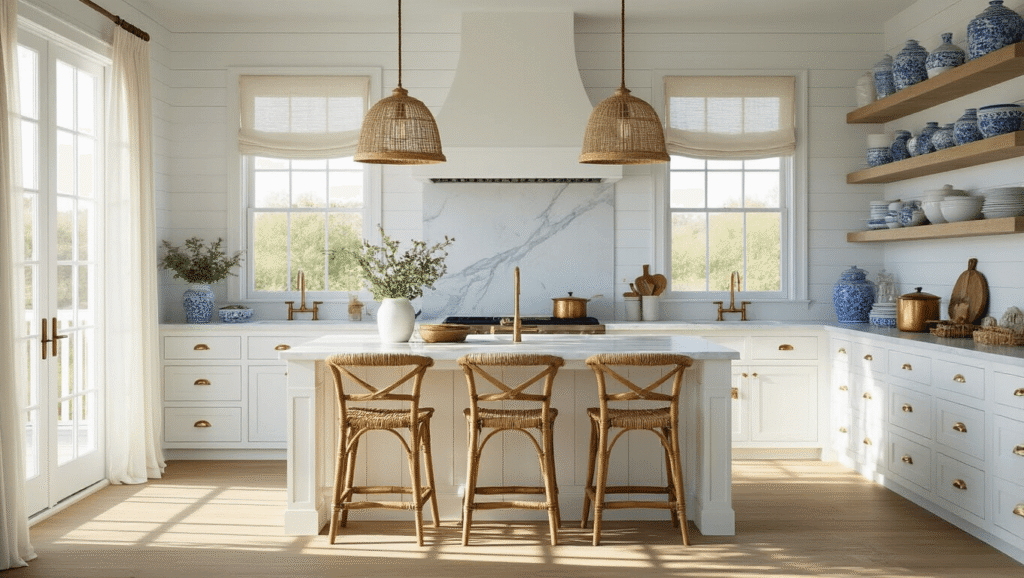A sun-drenched coastal cottage kitchen featuring white shaker cabinets, a large marble-topped island, weathered oak barstools, and open shelving with blue and white ceramics, all highlighted by natural light streaming through oversized windows.