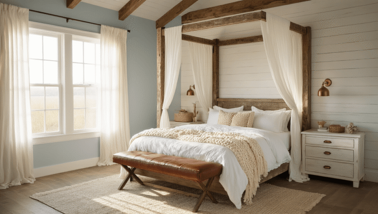 Coastal Cowgirl Bedroom: The Ultimate Design Guide to Rustic Coastal Charm A dreamy coastal cowgirl bedroom featuring a reclaimed wood canopy bed with white linens and chunky knit throws, bathed in warm golden light, complemented by leather accents, shiplap walls, and vintage decor.