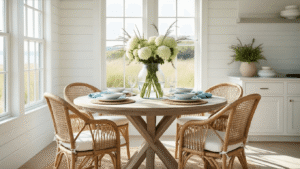 Coastal Kitchen Table: Your Ultimate Guide to Beach-Inspired Dining Elegance Photorealistic wide shot of an elegant coastal kitchen with a round weathered oak dining table, woven rattan chairs, and natural morning light illuminating white shiplap walls and a pale blue accent wall, styled with layered table settings and a beach-inspired centerpiece.