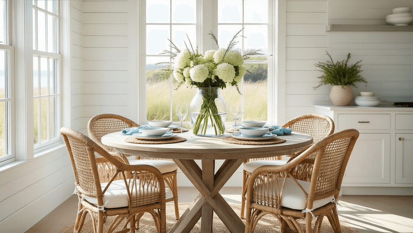 Photorealistic wide shot of an elegant coastal kitchen with a round weathered oak dining table, woven rattan chairs, and natural morning light illuminating white shiplap walls and a pale blue accent wall, styled with layered table settings and a beach-inspired centerpiece.