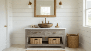 Coastal Farmhouse Bathroom: Your Ultimate Transformation Guide Photorealistic coastal farmhouse bathroom with white shiplap walls, driftwood vanity, brass fixtures, and soft morning light creating a serene atmosphere.