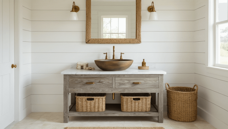 Coastal Farmhouse Bathroom: Your Ultimate Transformation Guide Photorealistic coastal farmhouse bathroom with white shiplap walls, driftwood vanity, brass fixtures, and soft morning light creating a serene atmosphere.