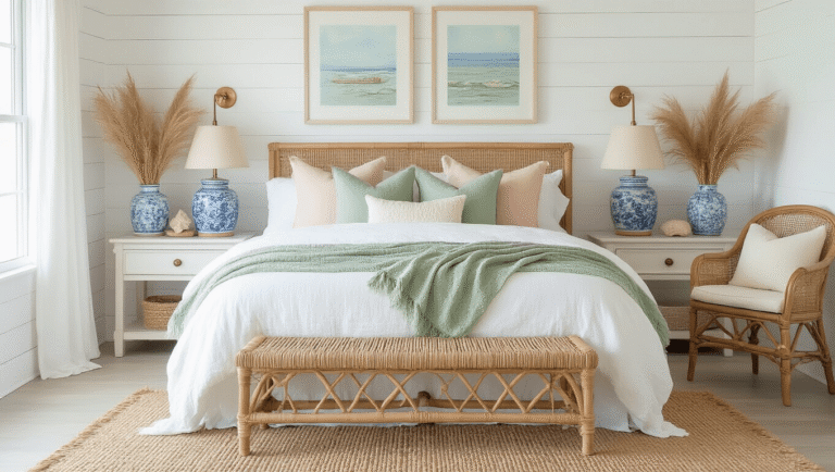 Coastal Granddaughter Bedroom: A Dreamy Sanctuary of Soft Hues and Vintage Charm Wide-angle shot of a dreamy coastal granddaughter bedroom featuring white linen bedding, layered throws in sage green and blush pink, a rattan bench, and shiplap walls, highlighted by warm sunlight and vintage decor elements.