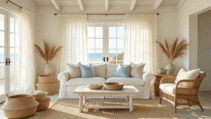 Coastal Granddaughter Aesthetic: Your Ultimate Guide to Sun-Kissed, Breezy Living A sunlit coastal living room with a plush ivory linen sofa, rattan accent chair, and weathered whitewashed coffee table, featuring throw pillows in soft blues and beige, and decorated with fresh hydrangeas and seagrass baskets, embodying a breezy, elegant summer aesthetic.