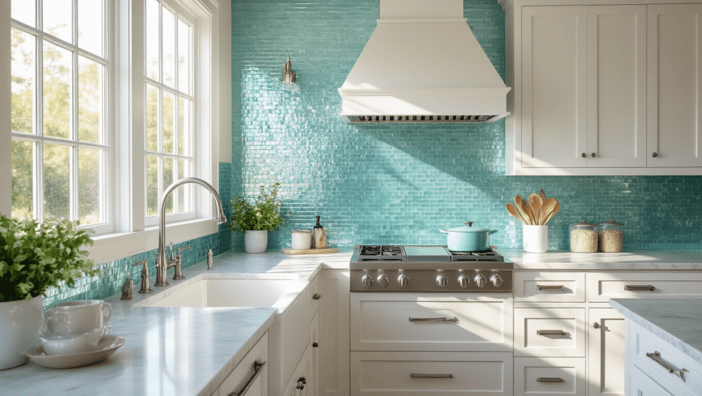 Coastal Kitchen Backsplash: Your Ultimate Guide to Seaside-Inspired Design A sunlit coastal kitchen featuring an iridescent glass mosaic backsplash in aqua and seafoam tones, white shaker cabinets, Carrara marble countertops, and a farmhouse sink, with large bay windows illuminating the space, showcasing a prominent wave-like backsplash pattern and coastal decor elements.