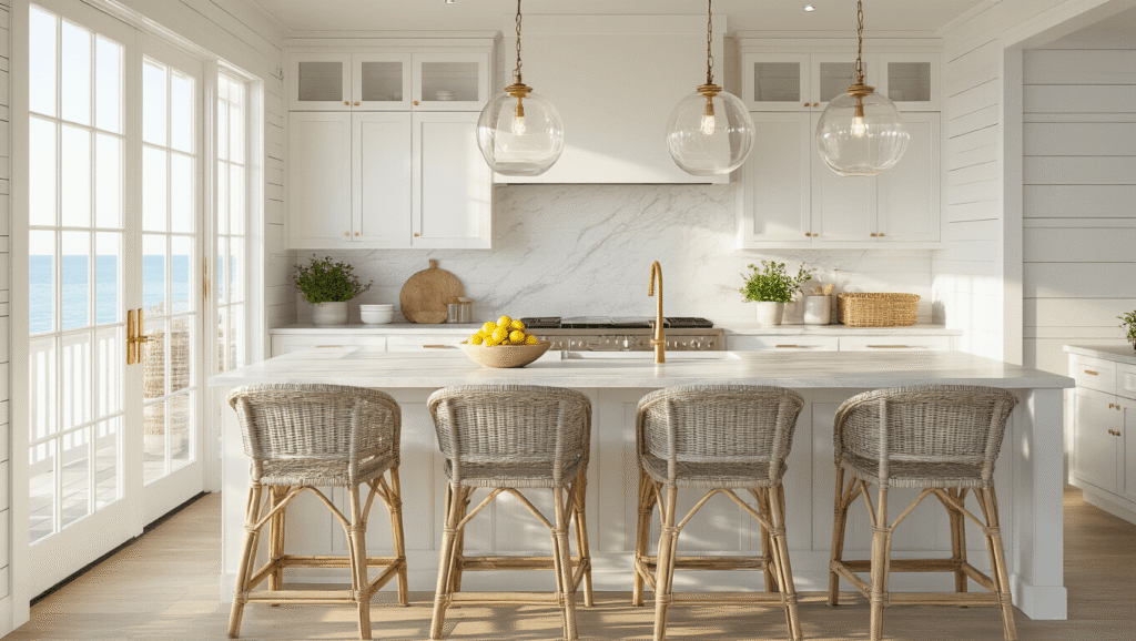 Photorealistic wide-angle view of a sunlit coastal kitchen featuring white shaker cabinets, oversized glass pendant lights, and marble-look quartz countertops, enhanced by soft golden hour lighting and a serene coastal color palette.