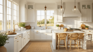 Create Your Dream Coastal Kitchen: A Comprehensive Design Guide A bright coastal kitchen at golden hour featuring white shaker cabinets, sandy beige quartzite countertops, and large windows. A farmhouse sink and central island with rattan barstools are illuminated by glass pendant lights, with layered textures from wooden cutting boards, ceramic vessels, and herbs in terra cotta pots. Light oak flooring and a natural jute runner add warmth to the space.