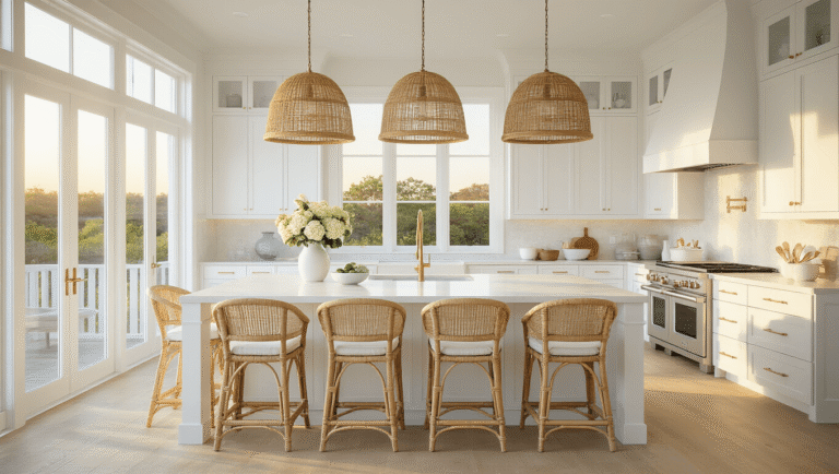 Coastal White Kitchen: Your Ultimate Guide to Breezy, Elegant Design A bright coastal kitchen with white shaker cabinets, a massive quartz waterfall island, and natural light streaming through bay windows, featuring rattan bar stools, seagrass pendant lights, and coastal decor at golden hour.