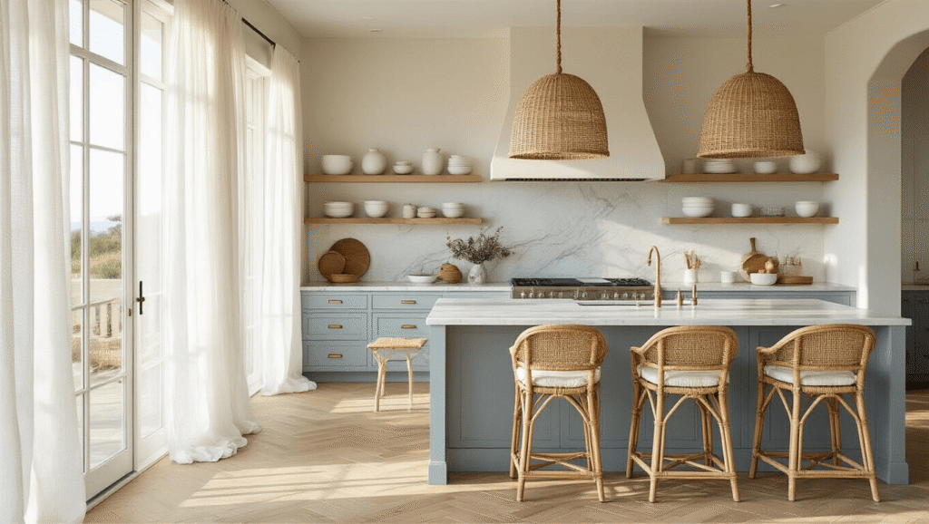 Photorealistic interior of a sunlit coastal kitchen featuring Carrara marble countertops, a powder blue-grey island, woven rattan pendant lights, natural oak herringbone floors, and open shelving displaying white ceramics and copper accents, all bathed in warm golden hour light.