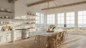 Coastal Farmhouse Kitchens: Creating Your Dream Seaside Sanctuary Photorealistic kitchen in a coastal farmhouse during golden hour, featuring wooden beams, white shaker cabinets, a driftwood island with marble top, ocean view windows, and decor elements like a copper French press and hydrangeas.