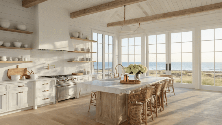 Coastal Farmhouse Kitchens: Creating Your Dream Seaside Sanctuary Photorealistic kitchen in a coastal farmhouse during golden hour, featuring wooden beams, white shaker cabinets, a driftwood island with marble top, ocean view windows, and decor elements like a copper French press and hydrangeas.