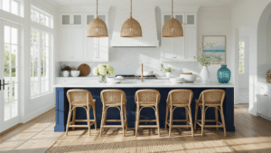 Photorealistic coastal kitchen with white cabinets, navy blue island, quartzite countertops, oak hardwood floors, rattan barstools, and coastal decor captured in soft morning light.