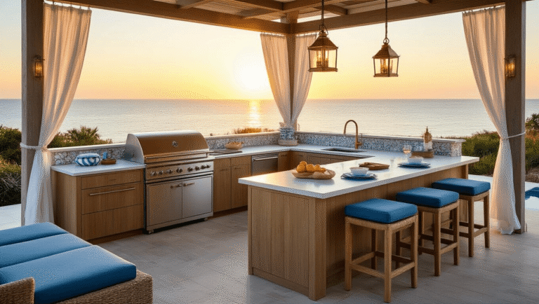 Coastal Outdoor Kitchen: Transform Your Backyard into a Seaside Cooking Paradise Luxurious L-shaped outdoor kitchen pavilion at sunset with marine-grade appliances, weathered teak cabinetry, and seafoam blue bar stools, all set against a blurred ocean backdrop, featuring coastal decor and warm ambient lighting.