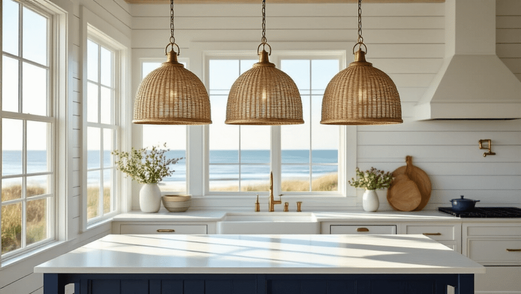 Coastal Pendant Lighting: Transform Your Kitchen with Breezy, Seaside-Inspired Elegance Photorealistic coastal kitchen with oversized rattan pendant lights, white quartz island, shiplap walls, and ocean views, captured during golden hour.