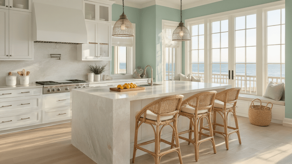 Sun-drenched coastal kitchen with white shaker cabinets, a massive quartz island, natural rattan barstools, seafoam green accent wall, and decorative elements like a weathered teak cutting board, potted palm, and white hydrangeas, all bathed in golden hour lighting.