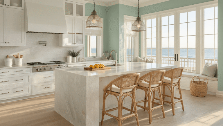 Coastal Kitchen Design: Transform Your Cooking Space into a Seaside Sanctuary Sun-drenched coastal kitchen with white shaker cabinets, a massive quartz island, natural rattan barstools, seafoam green accent wall, and decorative elements like a weathered teak cutting board, potted palm, and white hydrangeas, all bathed in golden hour lighting.