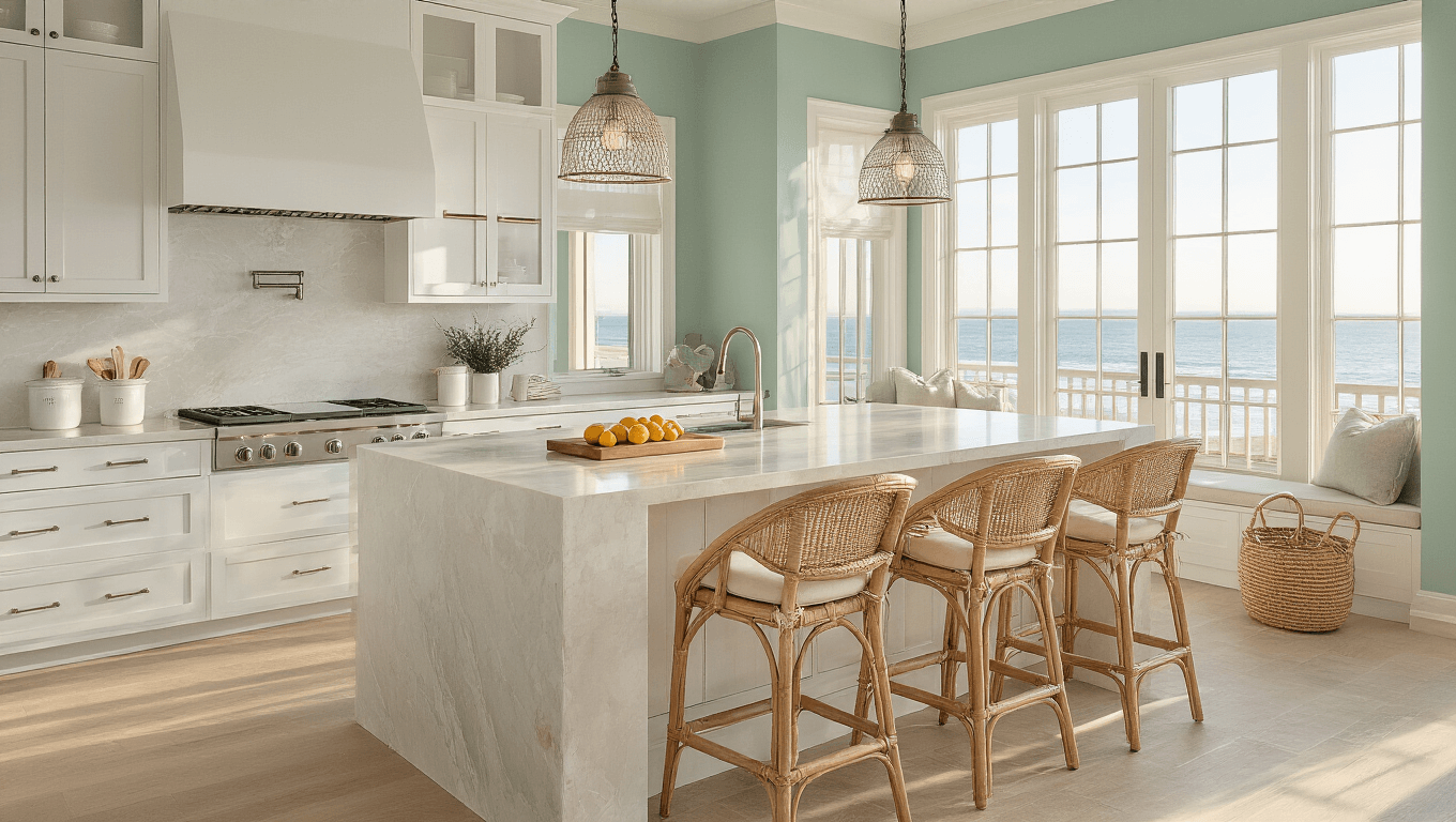 Sun-drenched coastal kitchen with white shaker cabinets, a massive quartz island, natural rattan barstools, seafoam green accent wall, and decorative elements like a weathered teak cutting board, potted palm, and white hydrangeas, all bathed in golden hour lighting.