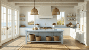 Transforming Your Kitchen into a Coastal Paradise: A Complete Design Guide A sun-drenched coastal kitchen interior featuring white shaker cabinets, a pale blue marble-topped island, and exposed wooden beams, styled with nautical decor and layered textures, captured during golden hour in hyper-realistic detail.