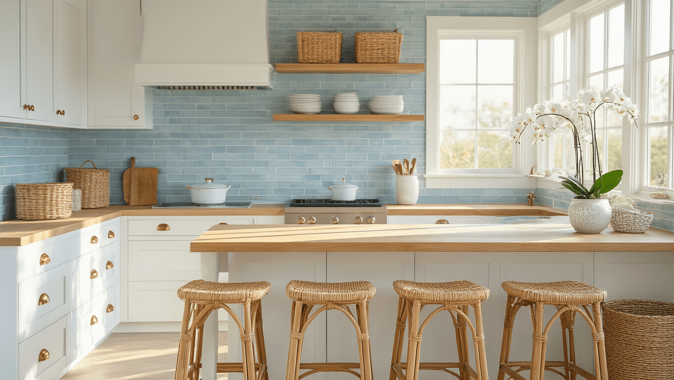 A serene coastal kitchen transformation featuring white shaker cabinets, rattan bar stools, and butcher block countertops, illuminated by soft morning sunlight and decorated with seagrass baskets and fresh orchids.