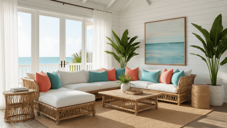 Sunshine State Style: Crafting the Perfect Florida Home Decor A sun-drenched coastal living room featuring a rattan sectional adorned with seafoam green and coral cushions, surrounded by large tropical plants and a weathered teak coffee table, all bathed in warm golden hour light with a soft bokeh effect.