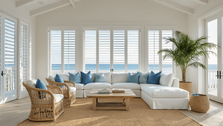 Bringing the Beach Home: Florida Aesthetic Home Decor That Will Transform Your Space A sunlit coastal living room with vaulted whitewashed ceilings, plantation shutters, a white linen sectional sofa with blue throw pillows, rattan accent chairs, and a palm in a seagrass basket, captured in a photorealistic style during golden hour.