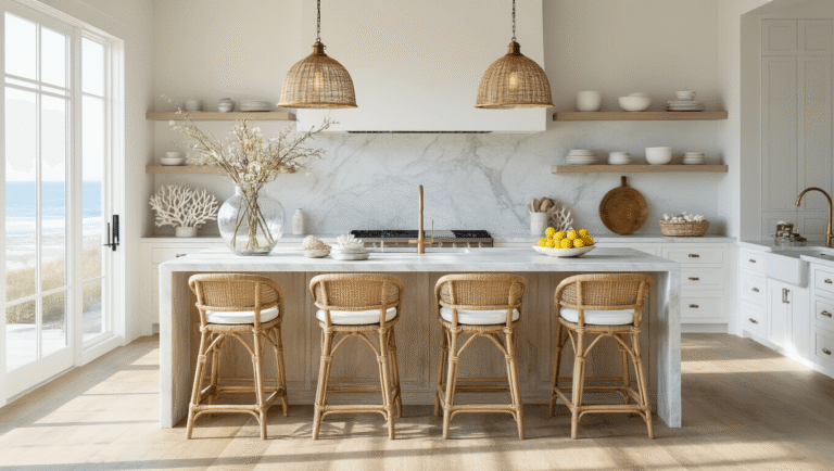 Coastal Kitchen Island: Your Ultimate Guide to Creating a Breezy, Inviting Space A sunlit coastal kitchen featuring a white oak island with a Carrara marble countertop, surrounded by natural rattan bar stools, adorned with shells and lemons, and illuminated by brass pendant lights against white shiplap walls.