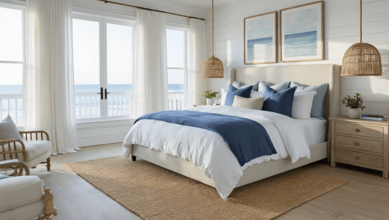 Create Your Dream Coastal Bedroom in Blue: A Tranquil Seaside Sanctuary A luxurious coastal master bedroom with a king-size bed dressed in textured white and blue linens, bathed in warm golden hour light from floor-to-ceiling windows, featuring white shiplap walls, weathered oak flooring, and elegant decor elements.