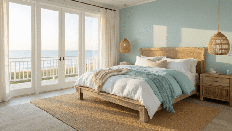 Creating Your Perfect Coastal Master Bedroom: A Serene Seaside Retreat at Home Photorealistic interior of a coastal master bedroom with a weathered oak bed, layered linens, rattan nightstands, and soft natural lighting, featuring seafoam accents and organic textures.