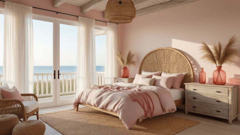 Coastal Bliss: Transforming Your Bedroom with Pink Accents A luxurious coastal bedroom featuring a king-sized bed with a rattan headboard, soft blush and cream bedding, floor-to-ceiling windows with sheer curtains, a driftwood dresser with pampas grass vases, jute rug, rattan pendant light, and a reading nook with a pink velvet armchair. The scene is illuminated by warm golden hour sunlight, creating a romantic atmosphere.