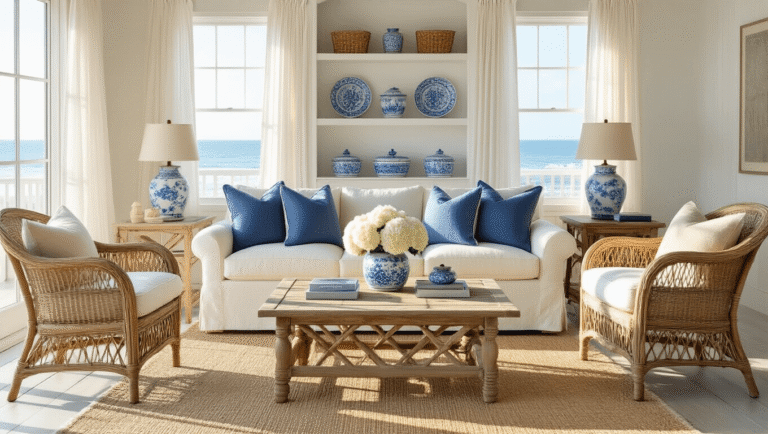 Coastal Granddaughter Style: Transform Your Home into a Breezy Sanctuary Photorealistic photograph of a sunlit coastal living room featuring a cream linen slipcovered sofa, vintage rattan armchairs, and a whitewashed driftwood coffee table, accented with blue-and-white chinaware and fresh white hydrangeas, all bathed in soft golden hour light.