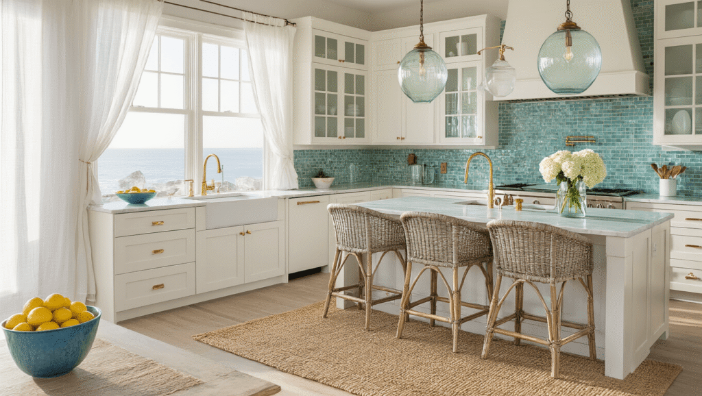 Coastal Kitchen Decor: Transform Your Space into a Breezy Seaside Sanctuary Cinematic wide-angle view of a sunlit coastal kitchen featuring white shaker cabinets, seafoam green backsplash, and Carrara marble countertops, adorned with a blue ceramic bowl of lemons, hydrangeas, and a jute rug, all bathed in golden hour light.